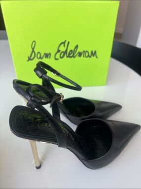 Sam Edelman Black Pointed Ankle-Strap Pumps with Gold Heel